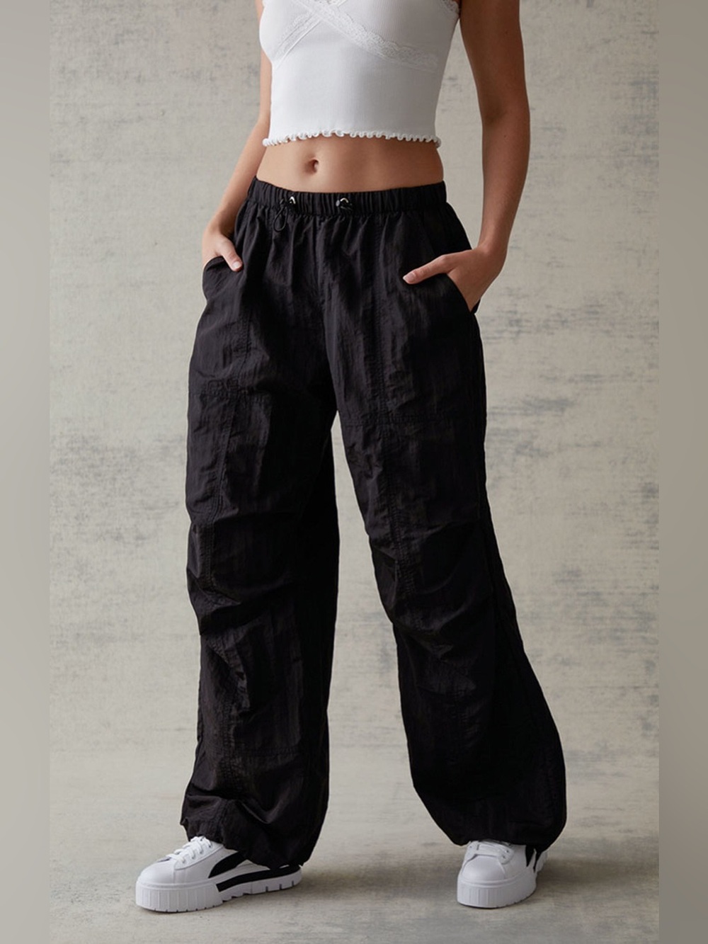 crinkle bungee pull-on parachute pants (size: small; color: black)